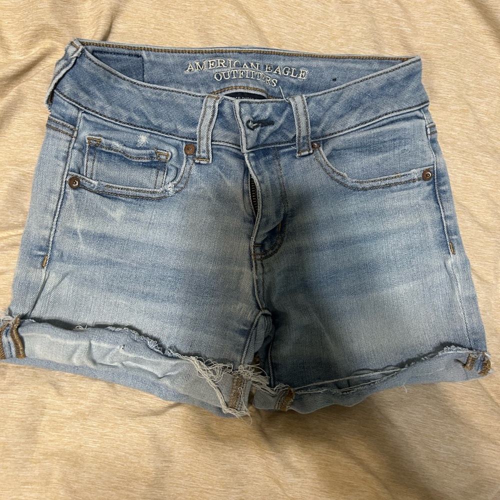 American Eagle Outfitters Blue Jean Shorts with Frayed Hem